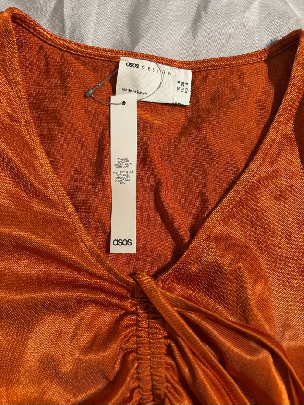ASOS Orange Satin Ruched V-Neck Mini Dress - Picture 4 of 4